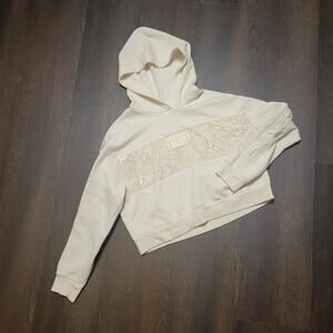 PINK Victoria's Secret Hoodie‎ Women's L Cream Ivory Velvet Logo Sweater Cropped
